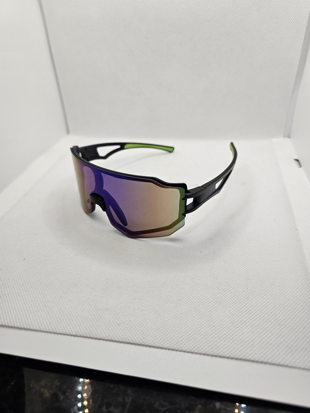 Sport Wrap Sunglasses - Black Frame with Green Accents and Mirrored Purple Lens